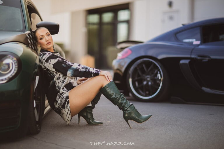 Katie with the Beetle and Porsche