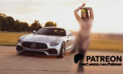 Mercedes-Benz sports car with a topless model during sunset, focusing on luxury and automotive beauty.